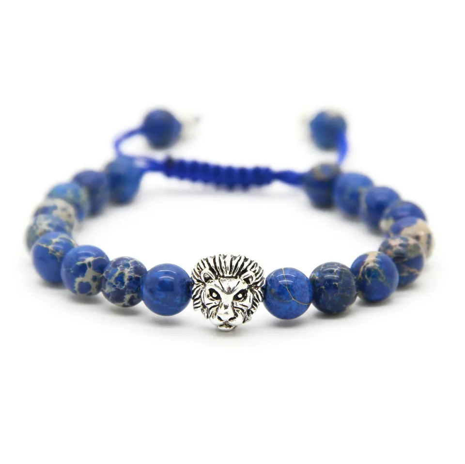 Bracelets en pierre de 8mm pour hommes, 1 pièce, perles plaquées or et argent, tête de Lion tressée, 220k