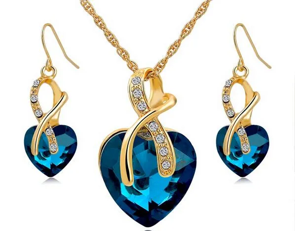 Gold Plated Jewelry Sets For Women Crystal Heart Necklace Earrings Jewellery Set Bridal Wedding Accessories 2016 HJIA849