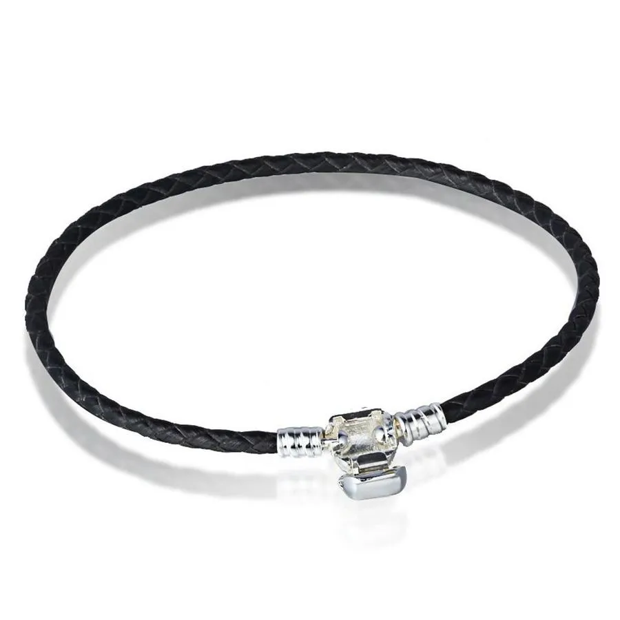 20CM Authentic 925 Sterling Silver Clasp Bead Original Stamp Woven Leather Bracelet Fits PCharms Bracelet DIY Fashion Jewelry