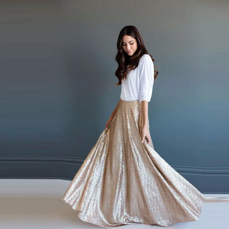 Yeni Varış Şampanya Uzun Sequins Nedime Etek Bir Çizgi Chic Görünmez Fermuar Bel Kat Uzunluk Kadınlar Maxi Etekler Akşam Parti Elbiseler