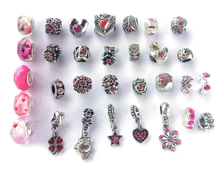 Mix style and color rhinestone antique silver plated big hole alloy beads charms fit European bracelet DIY