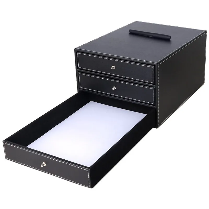 3 Lagen Hout Lederen Bureau Set Archiefkast Lade Box Office Organizer Document Container Houder Zwart ZA46372799