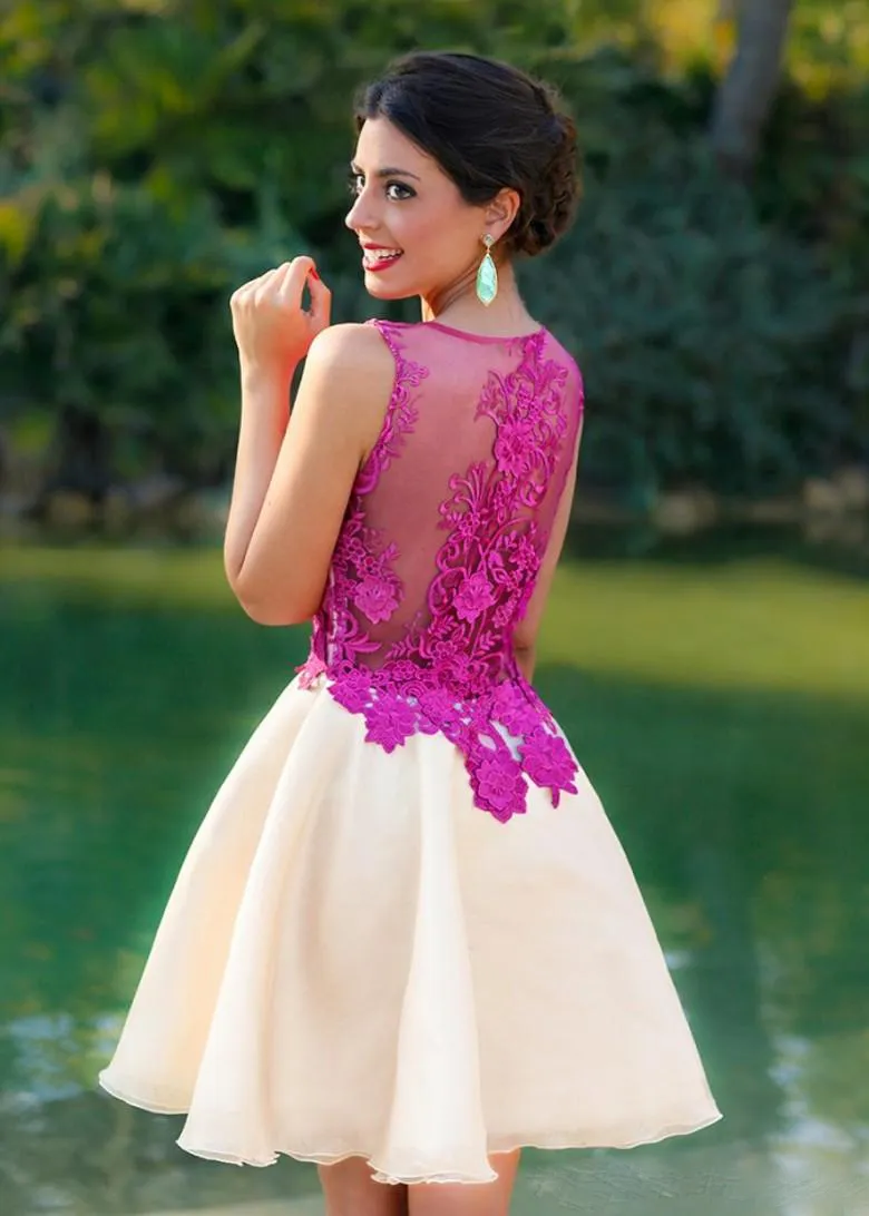 Vestidos de fiesta cortos de una línea con cuello transparente Apliques de encaje fucsia con pliegues Vestidos de fiesta de noche formales de organza con pliegues Vestidos árabes baratos de Dubai