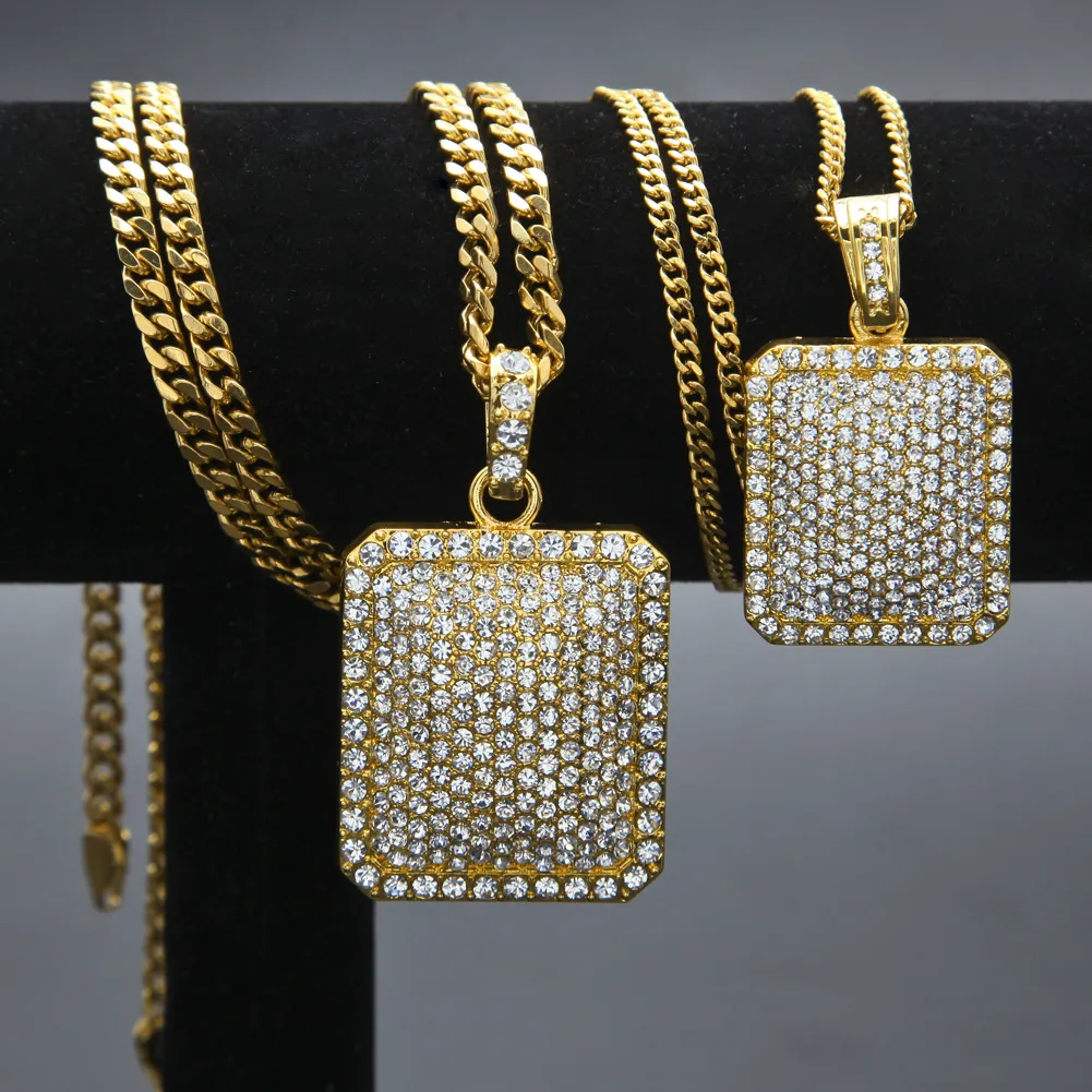 Hip Hop Men039s Rhinestone Square Pandant Necklace Gold Blingling License Charm Cuban Catena uomo Hiphop JE6652896