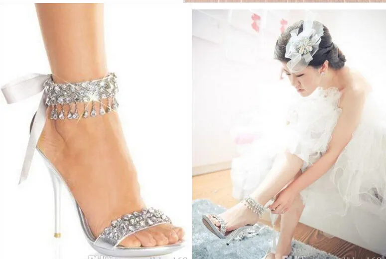 EW Moda Buty ślubne Srebrne Rhinestone Wysokie Obcasy Damskie Buty Bridal Sandal Nowoczesny Chic