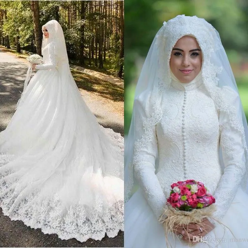 Vestidos De Casamento muçulmano 2016 Mais Recente Cheia Do Laço de Alta Neck Mangas Compridas Botões Applique Capela Vestidos de Noiva Árabe Islâmico Feitos Sob Encomenda EN6026