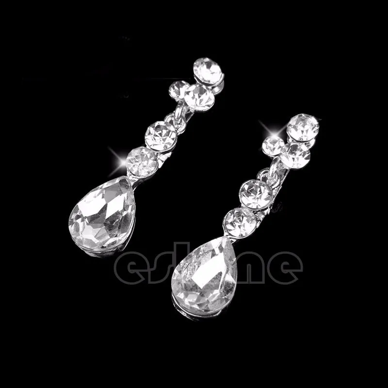New Women Fashion Bridal Jewelry Rhinestone Crystal Drop Necklace Earring Plated Jewelry Set Ear Clip Needle Wedding Earrings Pendant