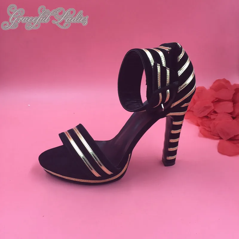 2015 Novelty Women Shoes Ankle Strap Square High Spool Heels Gold And Black Stripe Sandals Platform Summer Party Shoes Made-to-order