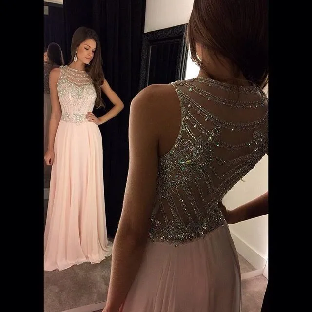 Prom Dresses O Neck Ärmlös Beaded Crystal A Line Chiffon 2016 Oscar Nya Populära Party Homecoming Dresses Evening Gowns