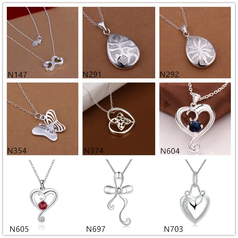 Digital heart shape 925 silver Necklace(with chain) 10 pieces a lot mixed style,cheap women's gemstone sterling silver Pendant Necklace EMP7