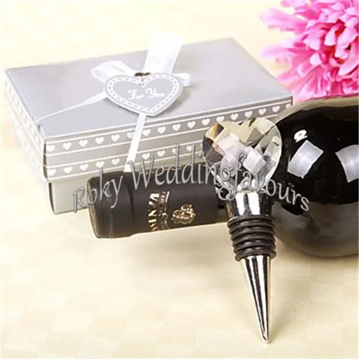 Darmowa Wysyłka 10 SZTUK Elegancki Kryształowy Serce Korek wina w Silver Box Barware Prezenty Bridal Sryszar Bomboniere Party Gifts