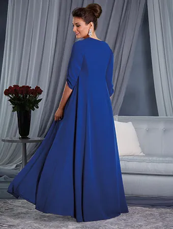 Zweiteiliger Kleideranzug in Übergröße für die Brautmutter in Blau mit einer langen Jacke, sanft herzförmiger Ausschnitt, lange Abendkleider