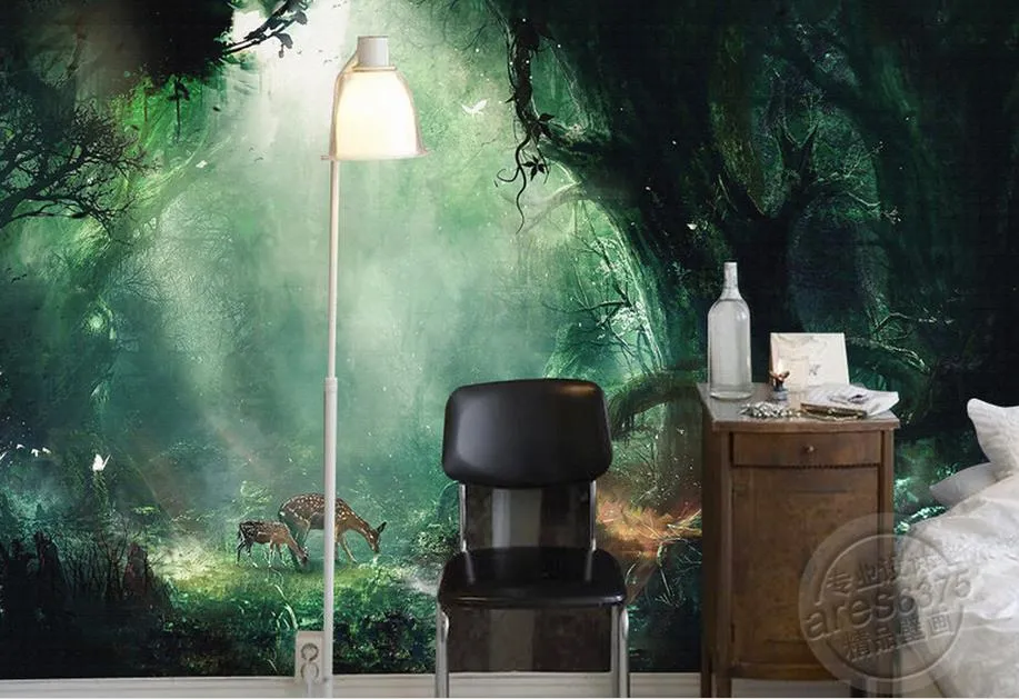 Картина маслом сказочный лес роспись пятнистого оленя ТВ фон стены натуральные обои для рабочего стола обои для спальни