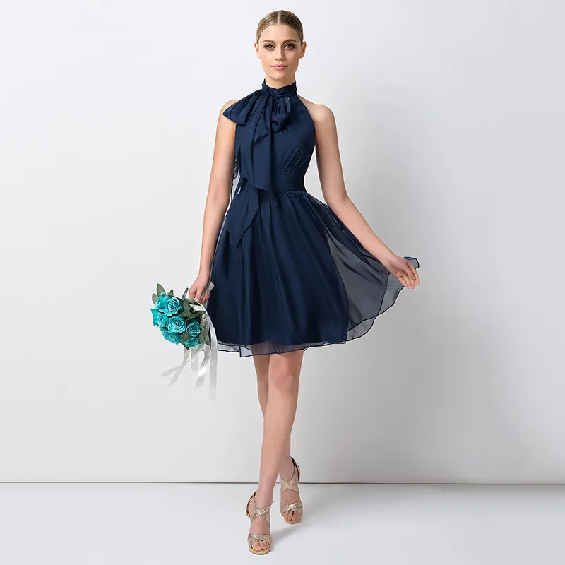 Junior Wedding Party Gown: Navy Blue Chiffon High Neck bridesmaid dress