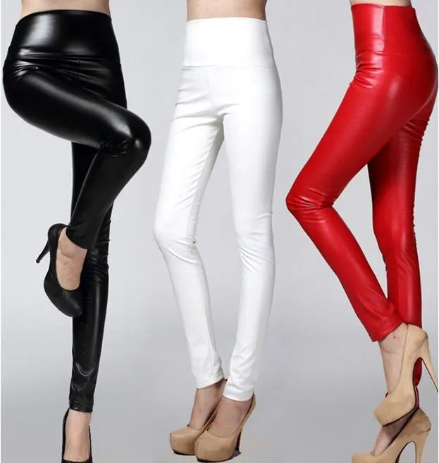 Mais novo Mulheres PU de Couro Falso Calças Finas de Cintura Alta Leggings Calças de Lã Estiramento Skinny Lápis Capris cores doces senhora roupas de presente de natal