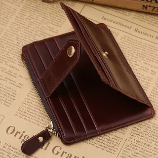 hot sale zipper coin purse magnet short bifold super Slim simple retro pu leather card holder