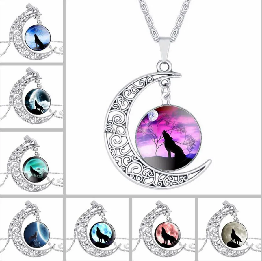 Silver The Wolf Totem Time Gem Cabochon Necklace Moon Sun Family Tree Glass Pendant Nice Jewelry Accessary Gift Girl