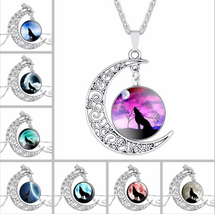 Silver Wilk Totem Time Gem Cabochon Naszyjnik Księżyc Słońce Rodzinne Drzewo Szkło Wisiorek Ładna Biżuteria Prezent Accesser Gift Girl