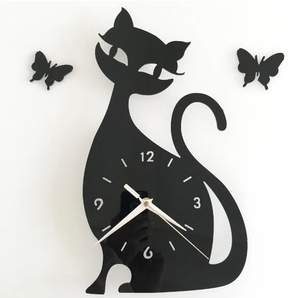 diy mirror wall clock bedroom living room wall clock mute bell cartoon cute black cat Wall Stickers