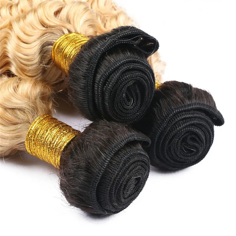 Preto e Loiro Ombre Virgem Feixes de Cabelo Humano Brasileiro Onda Profunda Do Cabelo Humano Tramas Duplas 1B / 613 Raiz Escura Ombre Tece Extensões