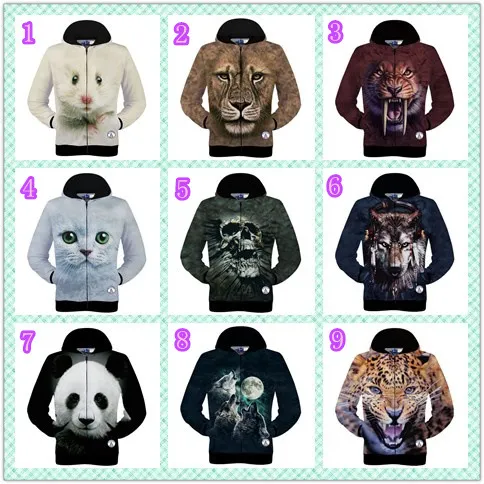 Varm Försäljning Vinter Höst Ny 3D Animal Hamster Lion Grå katt Leopard Headset Wolf Tryckt Mäns Långärmad Bomull Zip Up Hoodies Sweatshirt