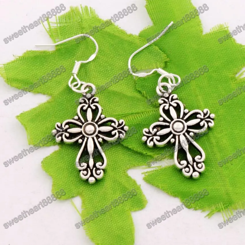 Filigree Heart Cross Dangle Kroonluchter oorbellen 925 zilveren vis oor haak / partij E425 20.5x45.3mm