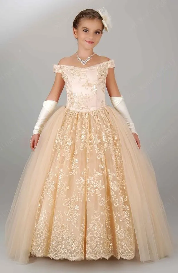 Champagne Off-Shoulder Lace Tulle pageant evening gowns for Teens - Perfect for Pageants, Birthdays, and Communion