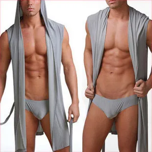 Men's Sleepwear Wholesale- Cotton Men Bathrobe Summer Hooded Robes Leisure Home Sleeveless NightGown Pajama Underwear Gay Dressing Gown