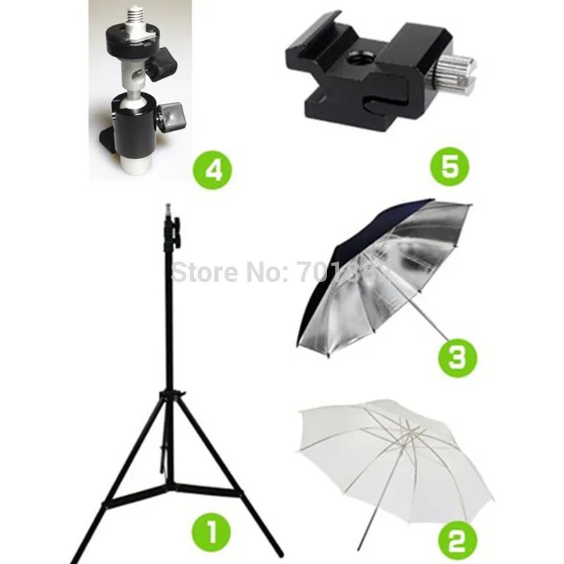 Freeshipping 5-in-1-Studio-Fotografie-Set, Lichtstativ, Stativ + drehbare Blitzhalterung + 33 Zoll weicher und reflektierender Regenschirm + Kaltschuh-Adapter