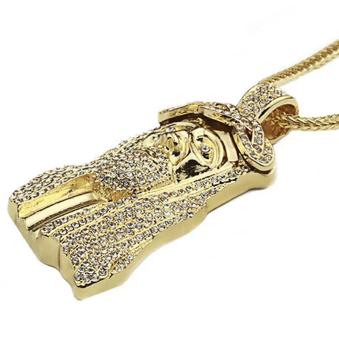 2016 New Iced Out JESUS Face Pendants with 32 Franco Rope Chain HipHop Style Necklace Gold silver Plating Hip hop jewelry Ne280Y