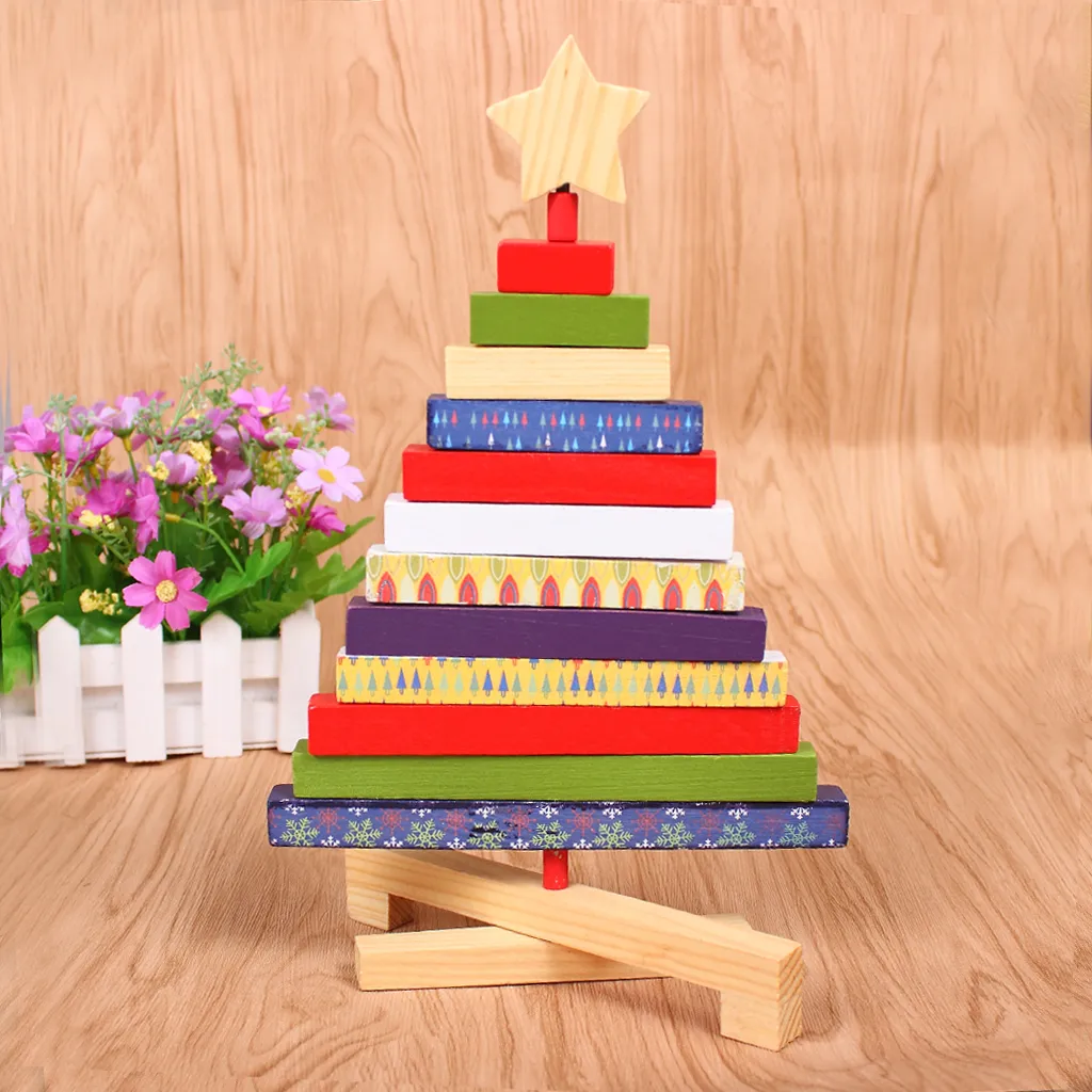 Christmas Gifts Rotating Creative Wooden Christmas Tree Blocks 11.8 inch for Xmas Gift Home Decoration