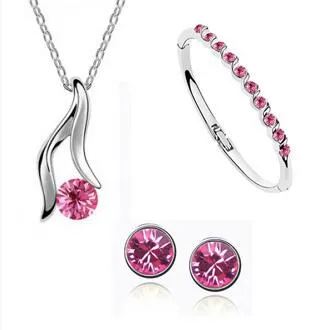 Mode 925 argent plaqué pendentif collier boucles d'oreilles en cristal autrichien et bracelet femmes ensembles de bijoux trois couleurs