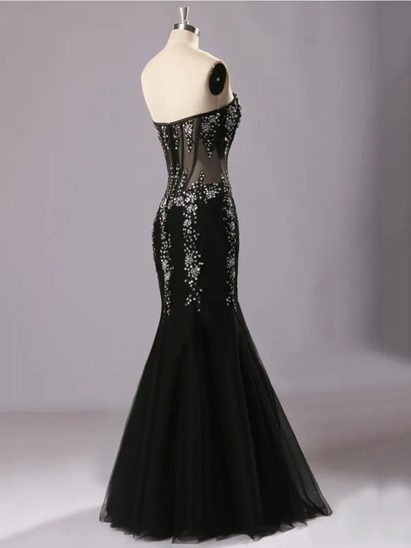 Perlenbesetztes Kristall-Tüll-Meerjungfrau-Abendkleid mit herzförmigem Ausschnitt Schwarz 2018 Elegante lange Abendkleider Echte Bilder