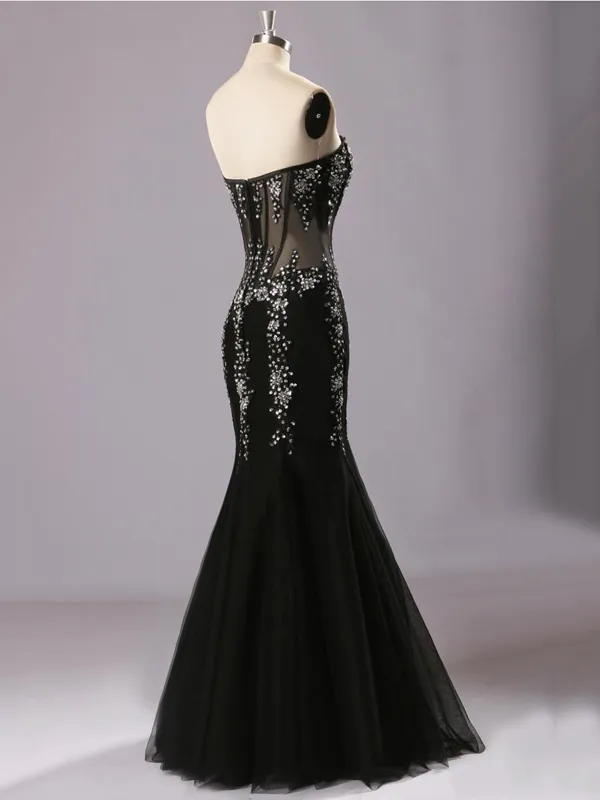 Beaded Crystal Tulle Mermaid Aftonklänning med Sweetheart Neckline Black 2018 Elegant Långkvällar Verkliga bilder