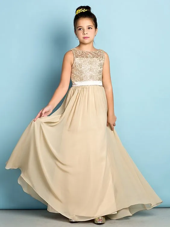 Champagne Lace Junior Bridesmaid Dresses For Girl Floor-length Chiffon Long A-line Scoop Flower Girls Bridesmaid Dress Custom Made