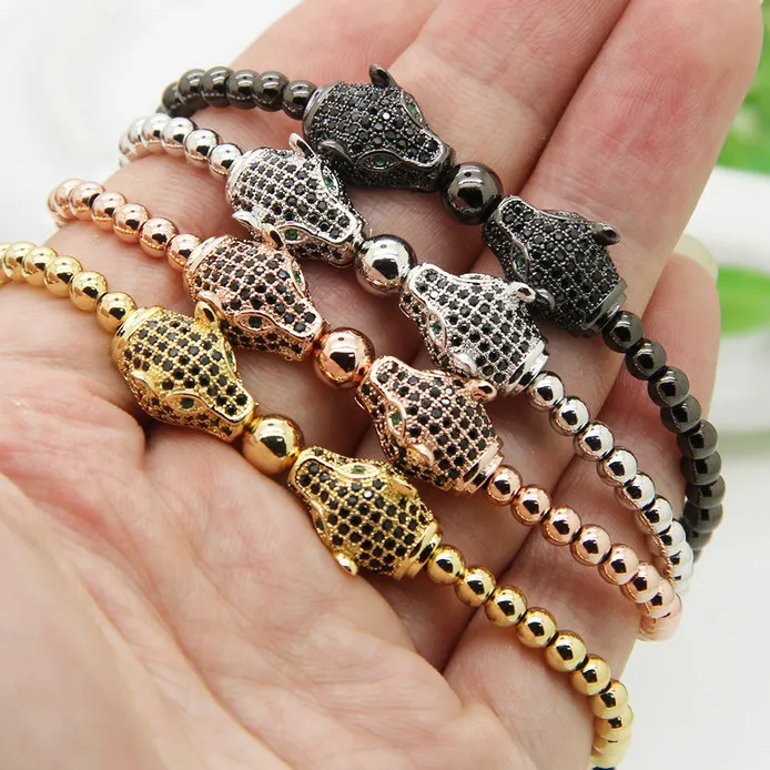 Neues verstellbares Armband Großhandel 10 teile/los Mikrogepflasterte schwarze CZ-Perlen Makramee-Leopard-Armbänder mit 4 mm Kupferperlen Geschenk für Männer