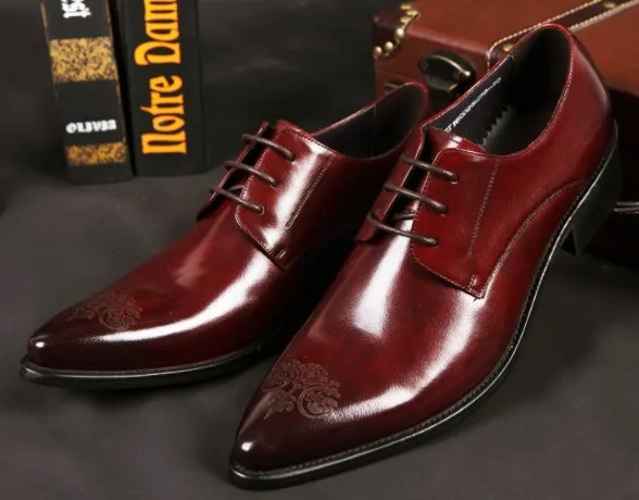 Top end Men leather dress shoes waxed cow leather printed flora pointed toe Exclusive store quality2435