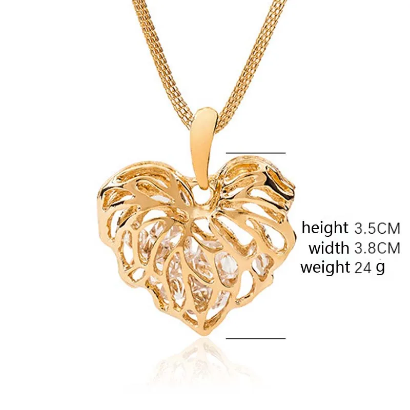 Hollow gold love leaf with shiny zircon necklace pendant Long necklace Alloy Gold Silver Sweater chain ornaments Clothing accessories