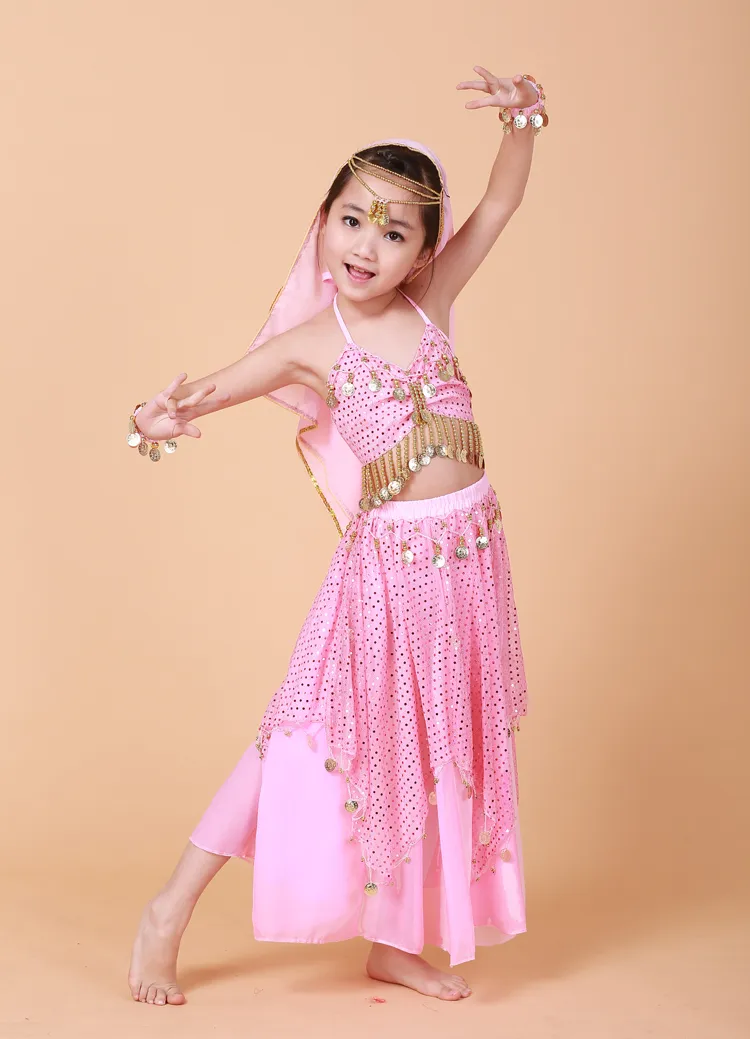 Costume Danse Orientale Enfant Ensemble Jupe Et Haut De Danse Orientale Pour Fille Avec Voile De Tête, Chaîne De Taille, Bleu Paillettes Dorées Pompons