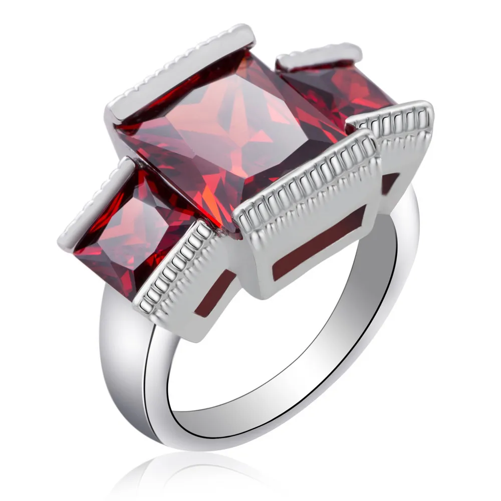 Mode fille unique bague de dame conception trois gros rouge rubis violet rose cz zircon pierre bague bijoux pour les amoureux fiançailles mariage matériel en laiton avec plaqué argent