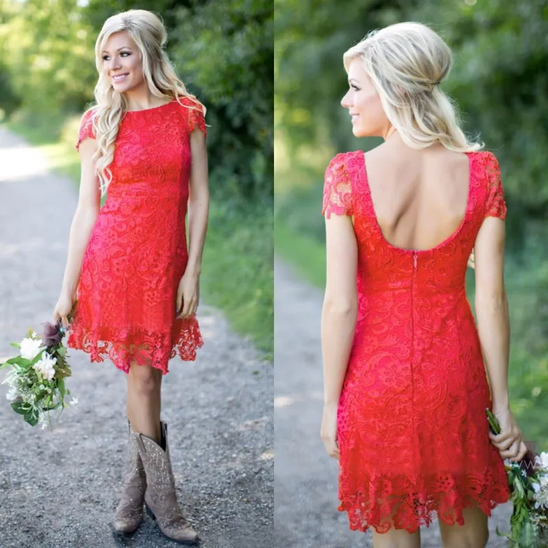 2016 Popular Red Lace Western Country Bridesmaid Dresses Cheap Bateau Short Sleeve Backless Above Knee Length Maid Of Honor Gown EN7281