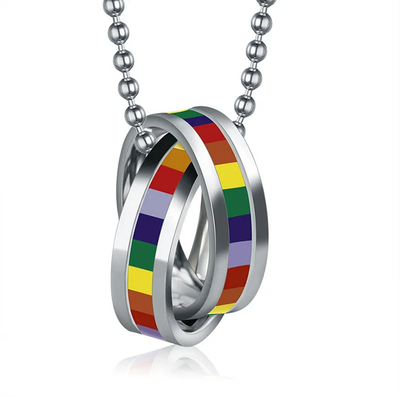 Stainless Steel 2 Rings Pendants with Rainbow Design Free Ball Chain