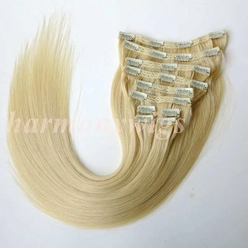 160g 10st / set klipp i hårförlängning Mänskligt hår # 613 / blekblond 20 22in raka brasilianska hårförlängningar