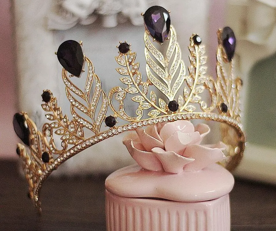 Estilo barroco Acessórios Para o Cabelo Roxo Dimand Cristais Princesa Rainha Pérolas Headwear Nupcial Tiaras Jóias Pageant Coroas de Ouro