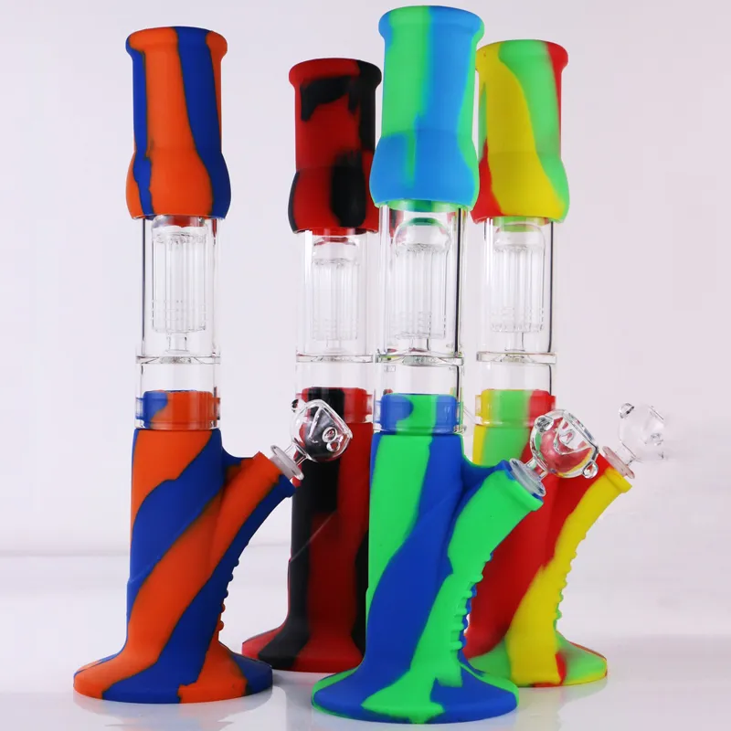 Nueva llegada Hookahs 14 '' Bongs de silicona con vidrio 8 brazos Árbol Perc Gel de sílice duradero Bong Dab Plataformas de aceite para pipa de fumar