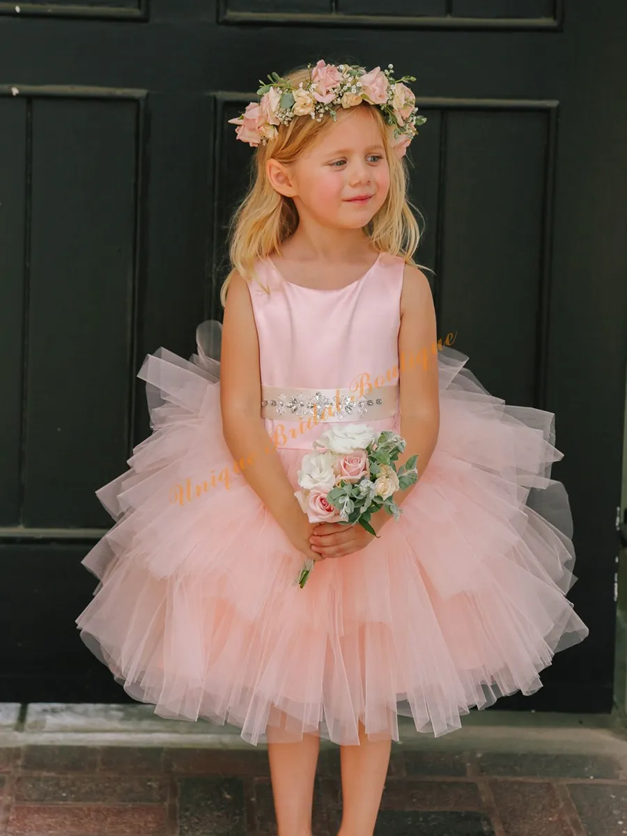 2016 Blush Girls Cupcake Wedding Tutu Dresses with Beaded Sash and Tiered Skirt Real Pics Ball Gown Blush First Communion Dresses for Girls