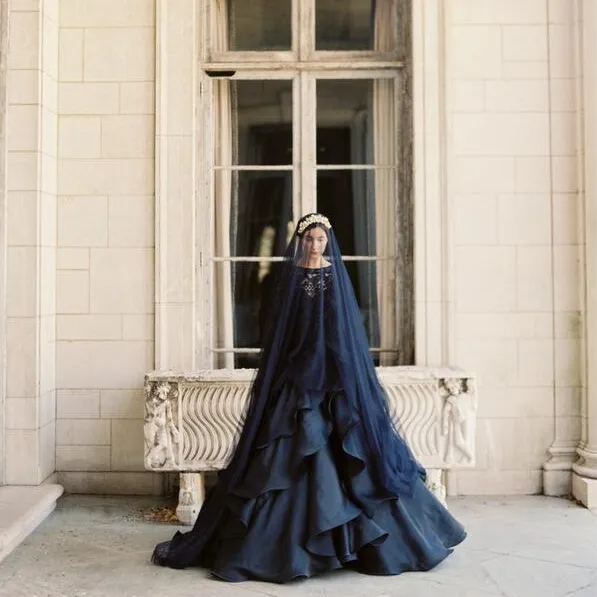 Navy Blue 3 Meter Cathedral Wedding Veil 70CM Blusher  display picture 1