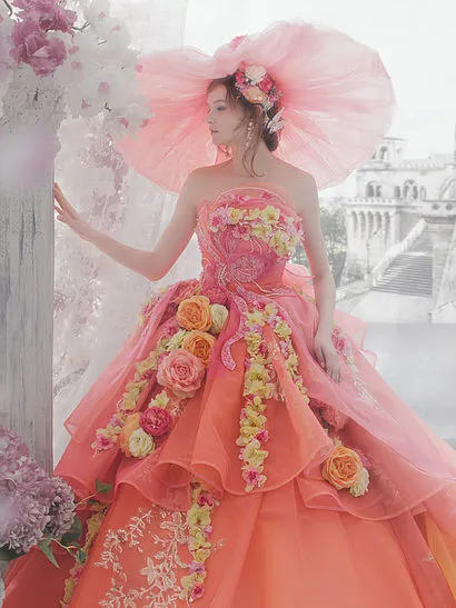 Новейшие красочные свадебные платья с ручной работы с цветами оранжевых органза без бретеленного мяч свадебные платья Ruched без спинки свадьбы