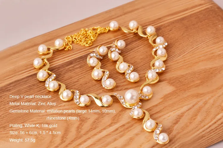 Jóia nupcial Pérola Colar Brinco Acessórios conjuntos de ouro com colar de cristal Jóia Do Casamento de noivado jóias Venda Quente