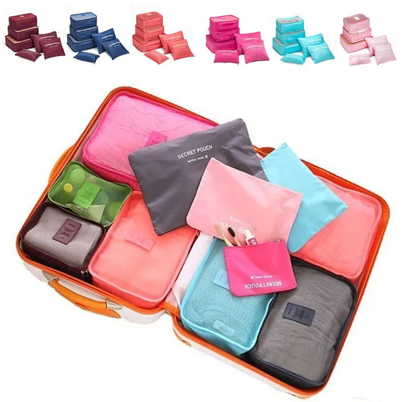 6 stks / set Reizen Organizer Bag Kleding Pouch Draagbare Opbergkoffer Bagage Koffer Secret Pouch 8 Kleuren